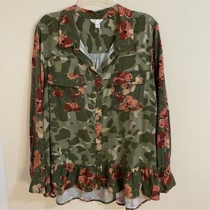 Cato Olive and Rust Floral Camouflage Button-Down Shirt Women’s Plus Sz 22/24W